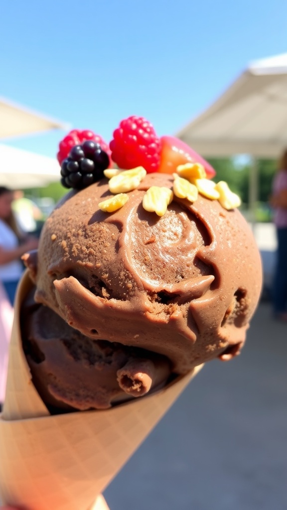 Creamy High-Protein Vegan Chocolate Ice Cream A delicious scoop of vegan chocolate ice cream in a cone with nuts and berries in a sunny setting.